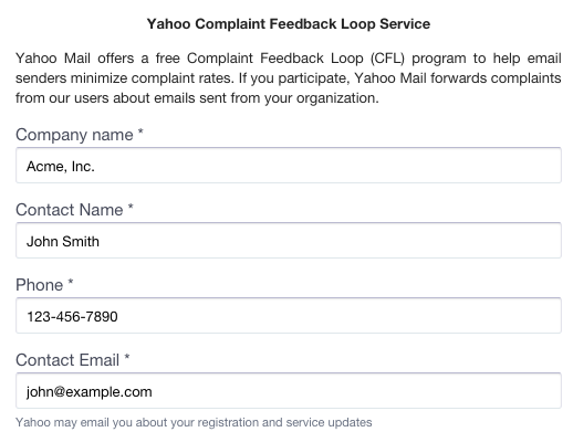 Yahoo Feedback Loop Application - contact information, including contact name and email address