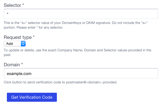 Yahoo Feedback Loop Application - DKIM key domain and selector to register